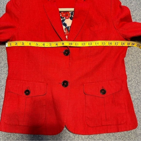 Adagio Blazer Linen Blend Pockets Vibrant Red Long Sleeve Floral Lined Size 8/10 - Picture 10 of 13